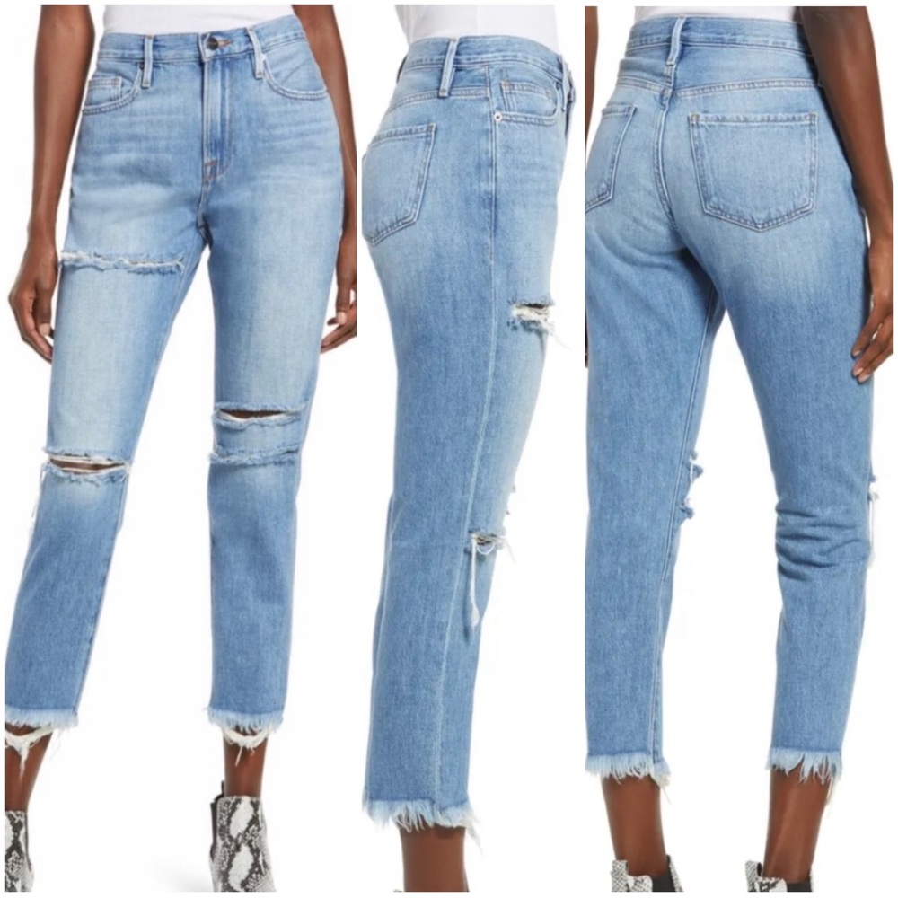 •FRAME• Le‎ Beau Crop Distressed Boyfriend Jeans in Olivio Slash Wash Size 24